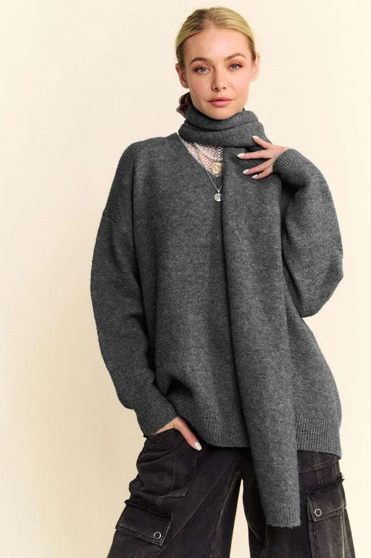 Price Cut V-Neck Sweater with Scarf Set