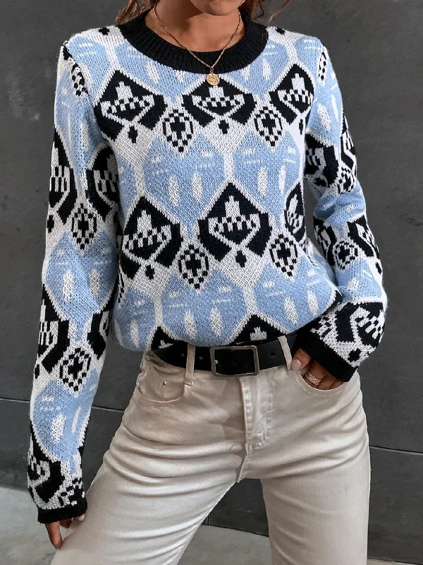 Online Only Casual Geometric Long Sleeve Round Neck Regular Women Sweater
