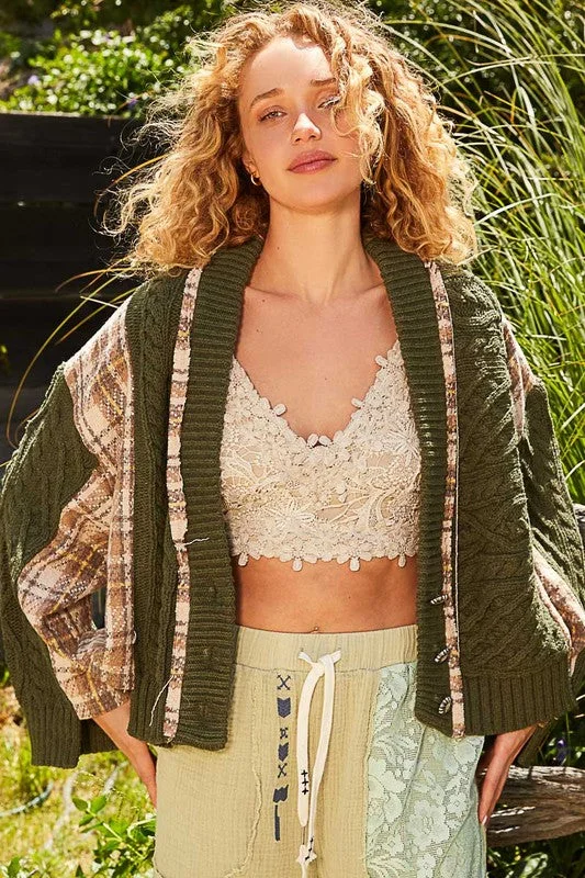Hurry In POL Cable-Knit Plaid V-Neck Button Up Cardigan