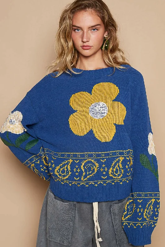 Weekend Offers That Delight POL Flower Lace Patch Long Sleeve Sweater