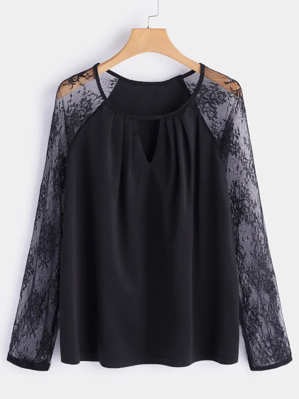 Shop and Save Custom Round Neck Lace Cut Out Long Sleeve Black Fashion T-Shirt