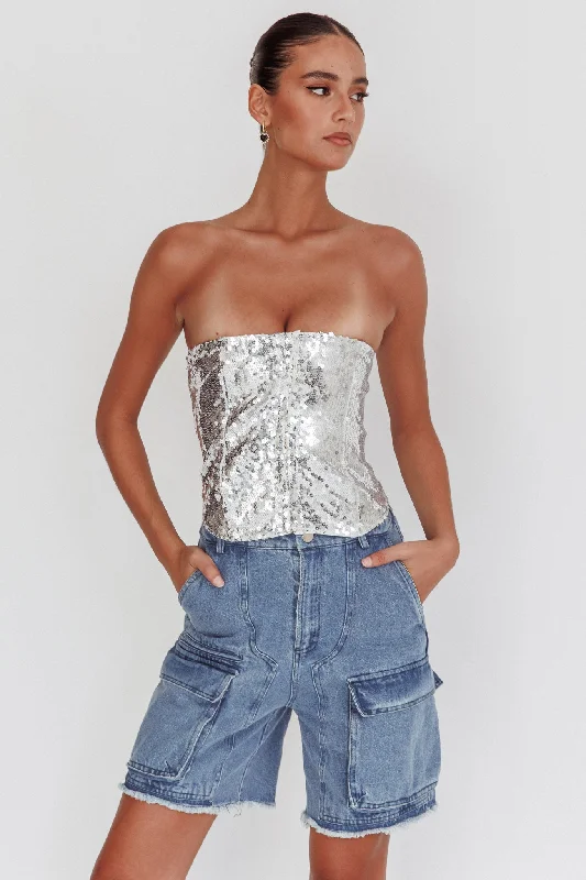 Discount Extravaganza Belgium Strapless Lace-Up Back Top Sequin Silver