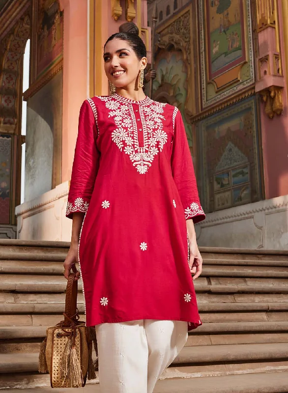 Extra Discount Saadgi Red Embroidered Cotton Linen Tunic for Women