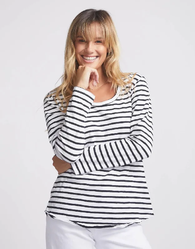 Stock Clearance Original Round Neck Long Sleeve T-Shirt - Black/White Stripe