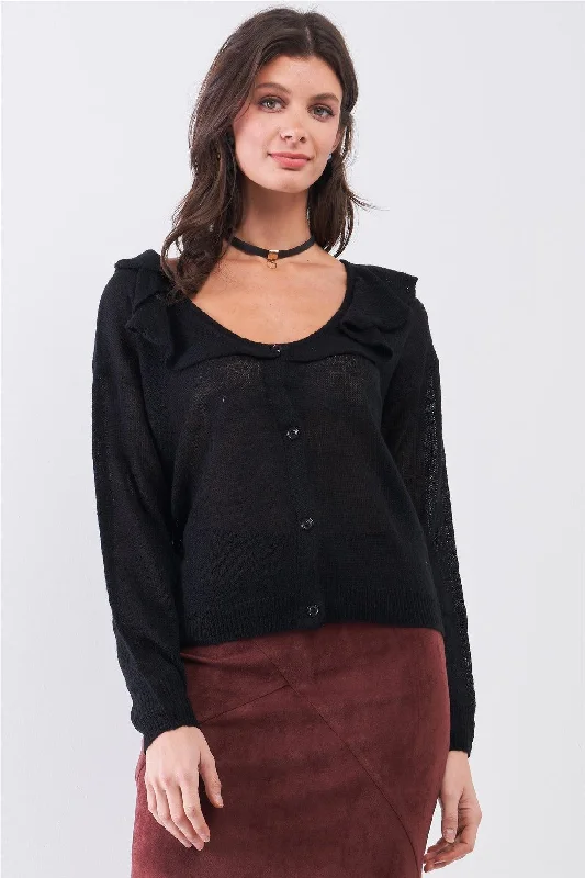 Price Reduction Black Round Neck Bertha Collar Button-Front Cardigan /3-2-1
