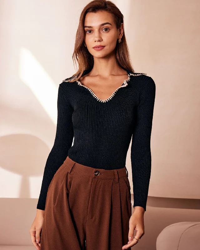 Price Rollback The Black Lapel Seam Colorblock Knit Top