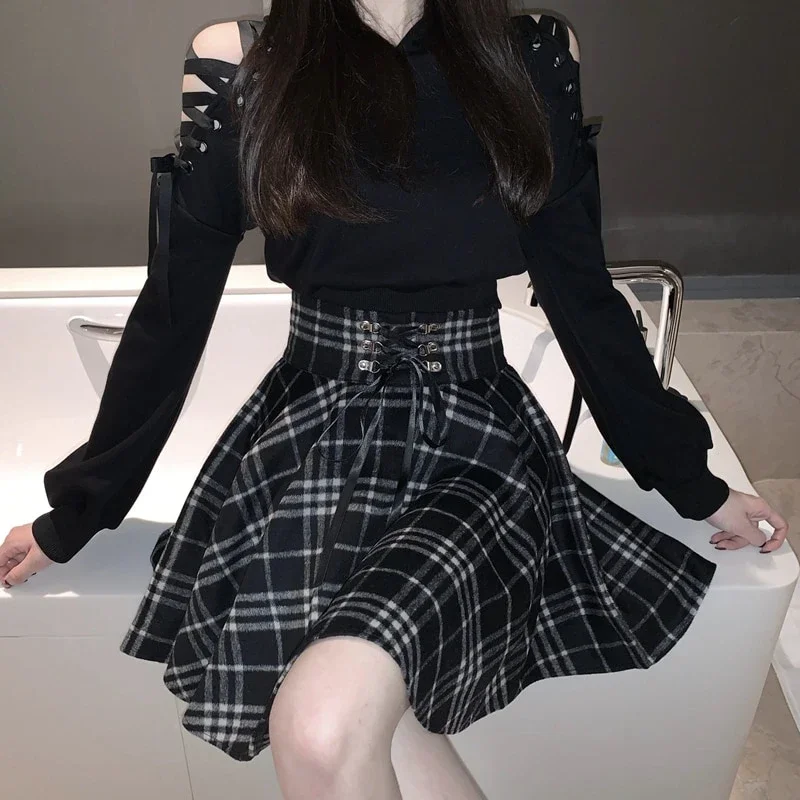 Clearance Event Gothic Cat Ears Lace Hoodie Plaid Skirt Set AD11189