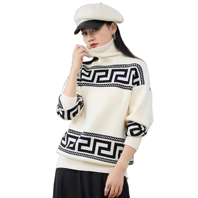 Hurry In 2024 spring new arrival high-quality semi-high-neck long sleeve loose striped print fashion women's pullover knitwear