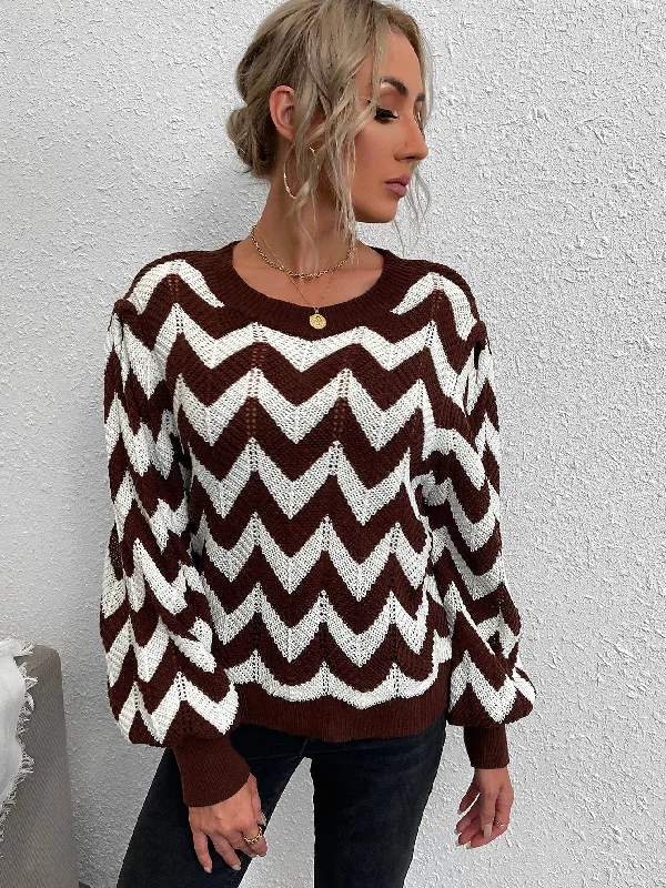 Act Now Casual Chevron Long Sleeve Round Neck Regular Women Sweater