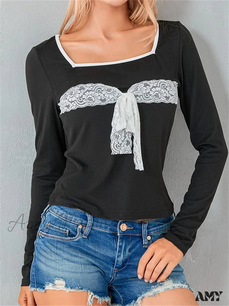 Blowout Deals Amy Fashion - Lace Patchwork Square Neck Tie-Up Square Neck T-Shirts