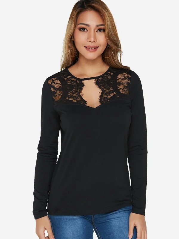 Members Only Custom Round Neck Plain Lace Long Sleeve Black Fashion T-Shirt