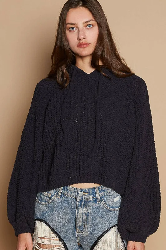 Weekend Savings Spectacle POL Back Open Slit Balloon Sleeve Crop Hooded Sweater