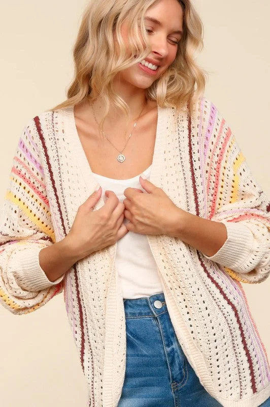 Limited Supply Haptics Full Size Striped Crochet Open Front Cardigan