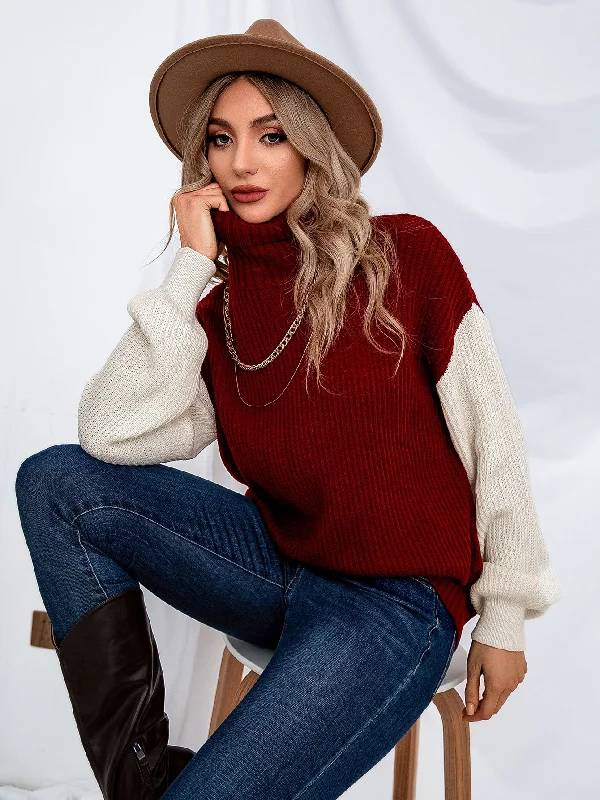Steals and Deals Casual Colorblock Long Sleeve High Neck Regular Women Sweater