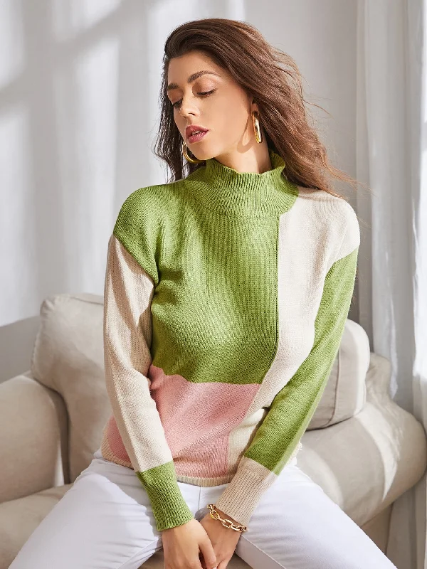 Weekend Savings Bonanza Casual Colorblock Rib-Knit Long Sleeve High Neck Regular Women Sweater
