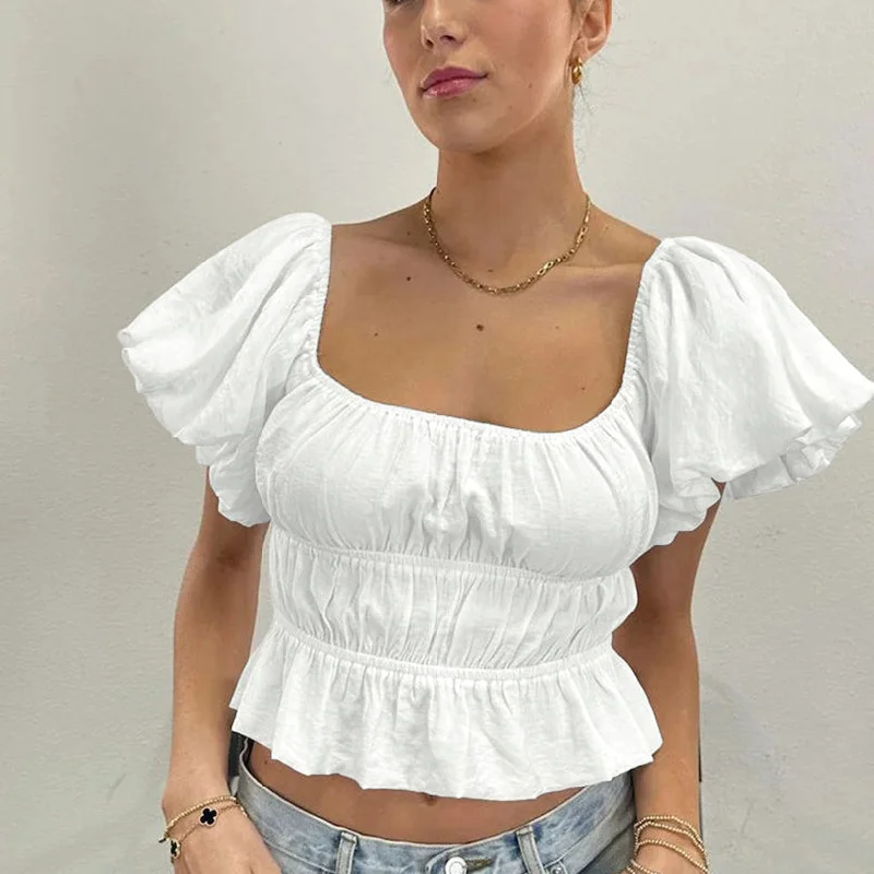 Best Seller Lantern Sleeve Square Neck Ruffle Pleated Crop Tops Wholesale Women'S Tops Best Seller Lantern Sleeve Square Neck Ruffle Pleated Crop Tops Wholesale Women'S Tops