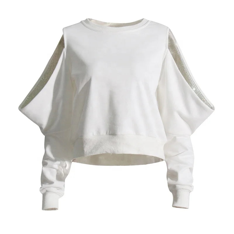 YEAR-End Clearance OUDINA 2024 Simple Casual Style Crop Top Spring New Hollow Off Shoulder Loose Solid Color Versatile Woman Sweatshirt