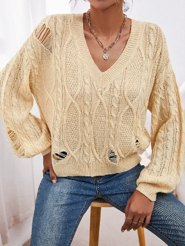 Midnight Madness Casual Plain Ripped Long Sleeve V Neck Regular Women Sweater