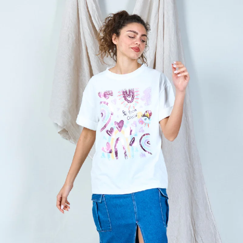 Grand Opening Sale 100% Cotton white t-shirt with rainbow print wholesale