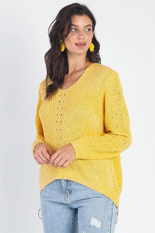 The Best Prices Yellow Knit Zip-Down Long Sleeve Knit Light Sweater Top
