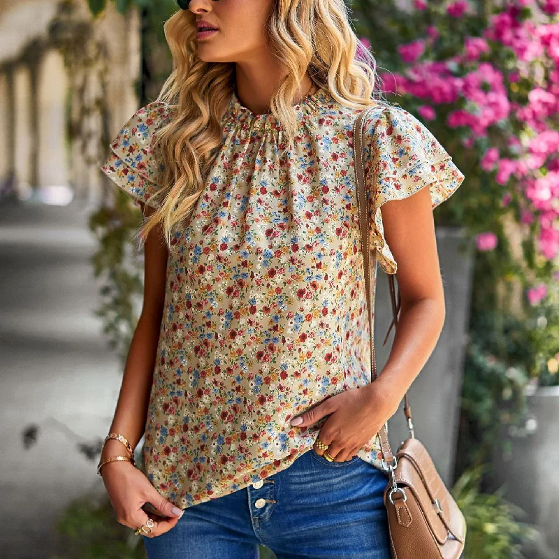 The Best Prices Floral Print Ruffled Short Sleeve Loose Wholesale Womens Tops