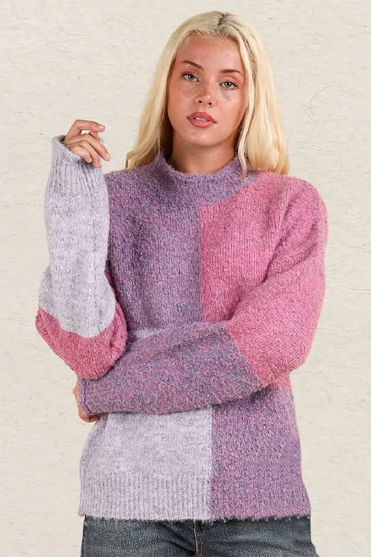 Deep Savings Color Block Mock Sweater - Pink