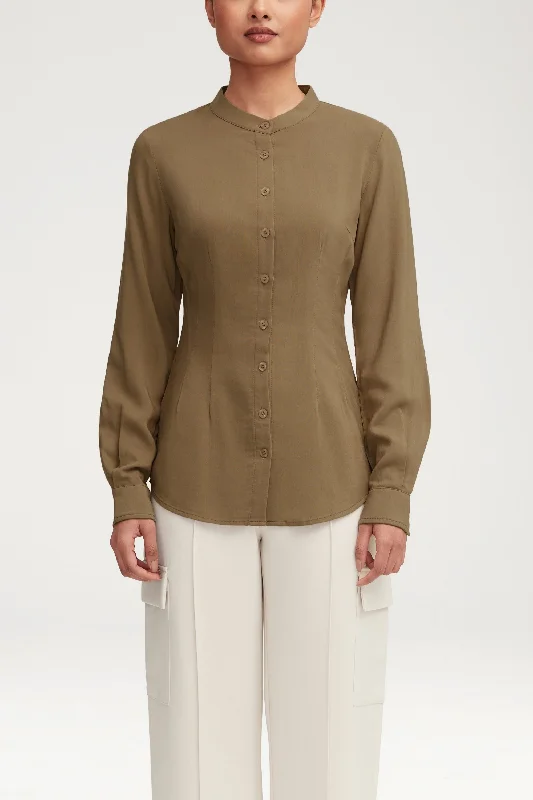 Act Now Adina Fitted Button Down Top - Desert Sage
