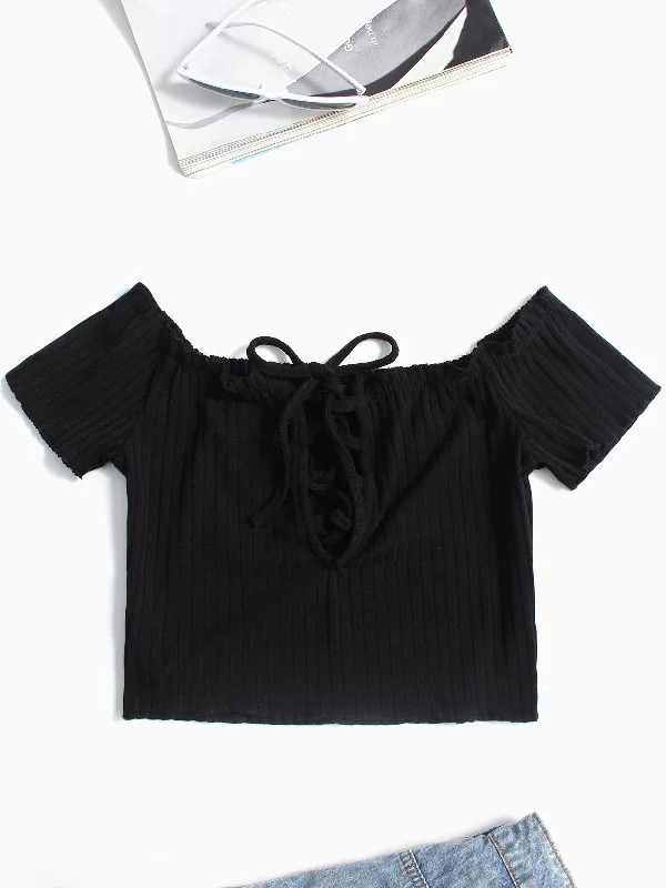 Deal Zone Custom Off The Shoulder Lace-Up Cable Knit Short Sleeve Black T-Shirts
