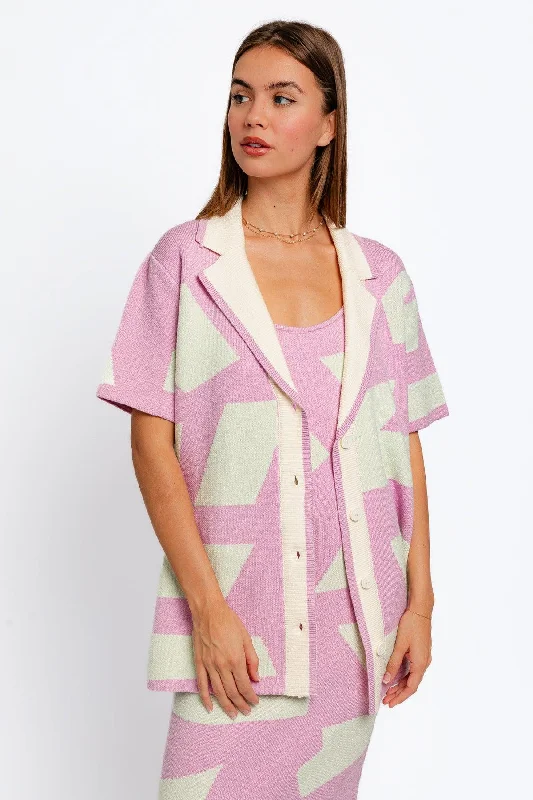 Grand Opening Sale Geometric Short Sleeve Collared Knit Cardigan