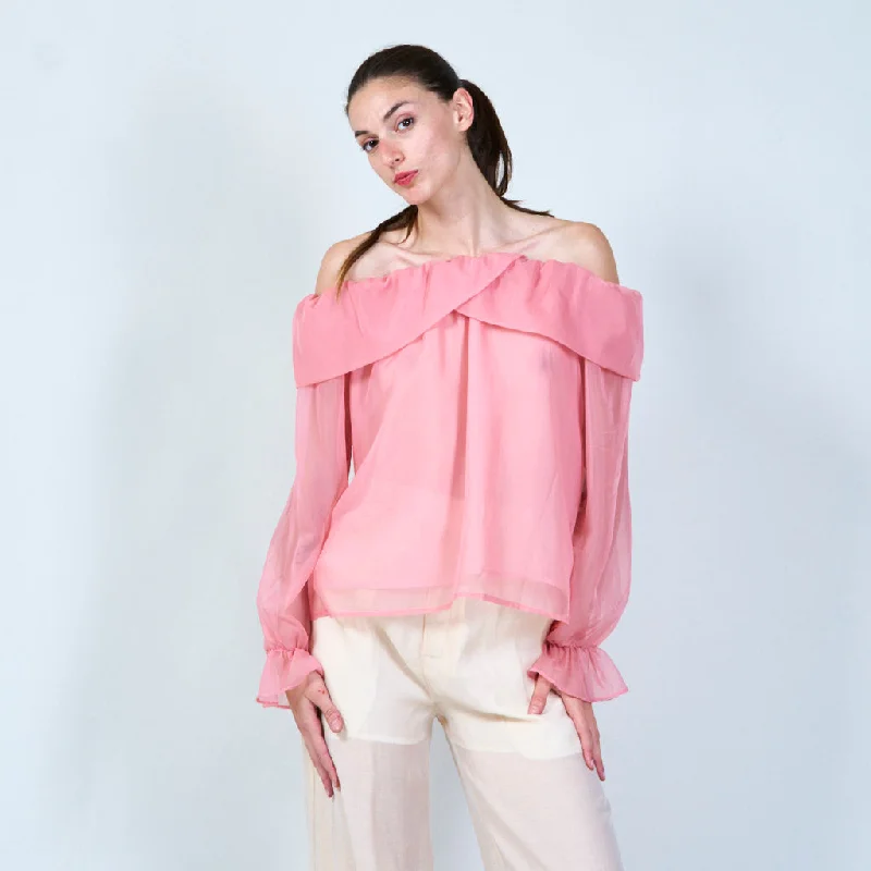 Price Drop Off-shoulder ruffle sheer blouse wholesale