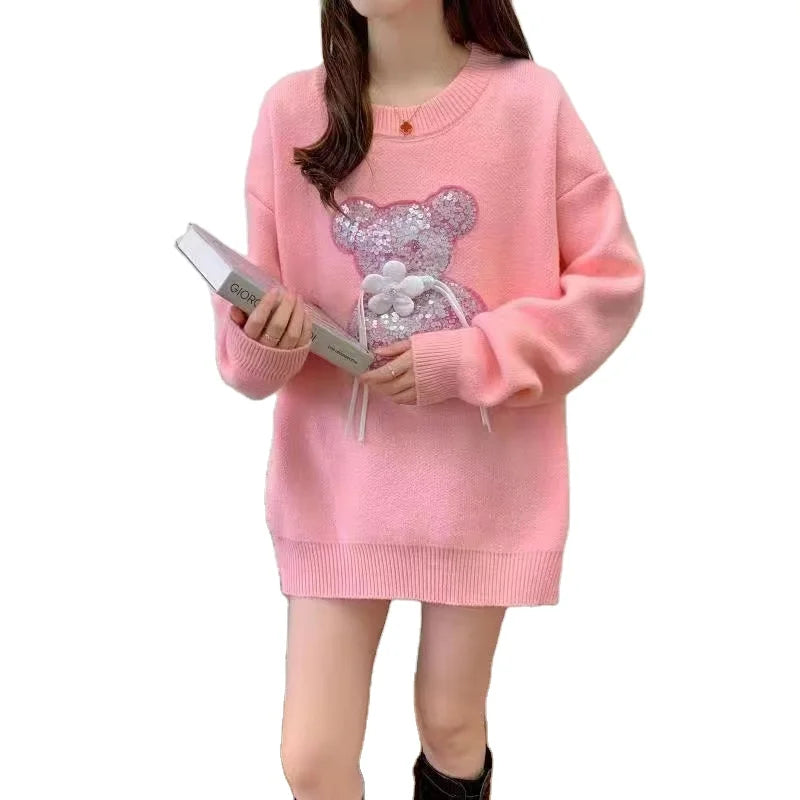 Online Only 2024 early spring fashionable women new arrival round neck loose fit luxury high quality bear beading pullover sweater