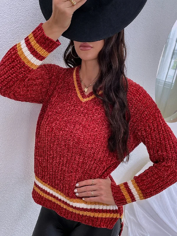 Take Advantage Casual Striped Long Sleeve V Neck Regular Women Sweater