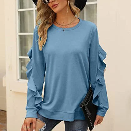 Super Sale Ruffled Long-Sleeve Crew Neck T Shirts Wholesale Womens Tops