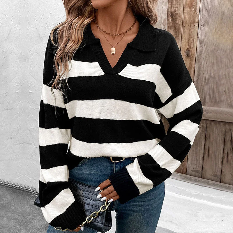 Weekend Bargains to Cherish Long Sleeve Lapel Striped Sweater Wholesale Womens Clothing N3824080900001 Weekend Bargains to Cherish Long Sleeve Lapel Striped Sweater Wholesale Womens Clothing N3824080900001