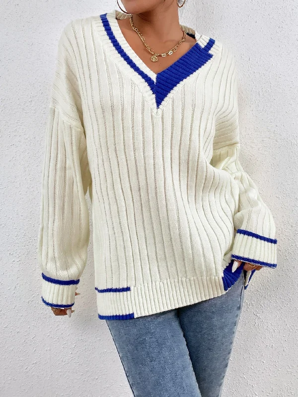 Special Savings Casual Striped Long Sleeve V Neck Regular Women Sweater