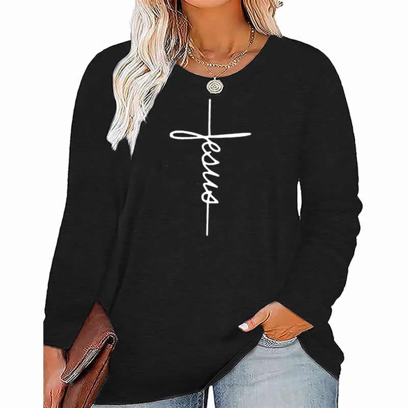 Steals and Deals faith pattern Plus Size Women's Top Autumn X-Large-5X-Large woman clothes y2k t shirt oversized long sleeve tshirt