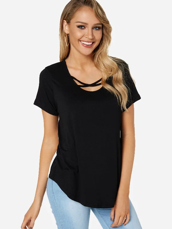 Inventory Reduction Custom Round Neck Floral Print Crossed Front Short Sleeve Curved Hem Black T-Shirts