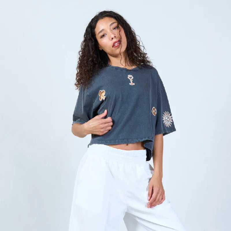 Early Access Black casual t-shirt with eclectic patchwork wholesale
