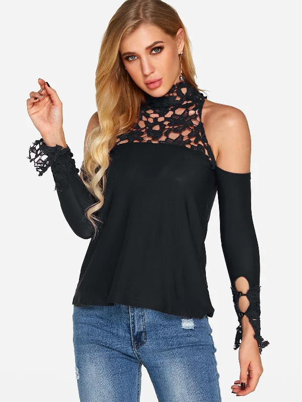 Buy Now Custom Crew Neck Plain Lace Hollow Long Sleeve T-Shirts