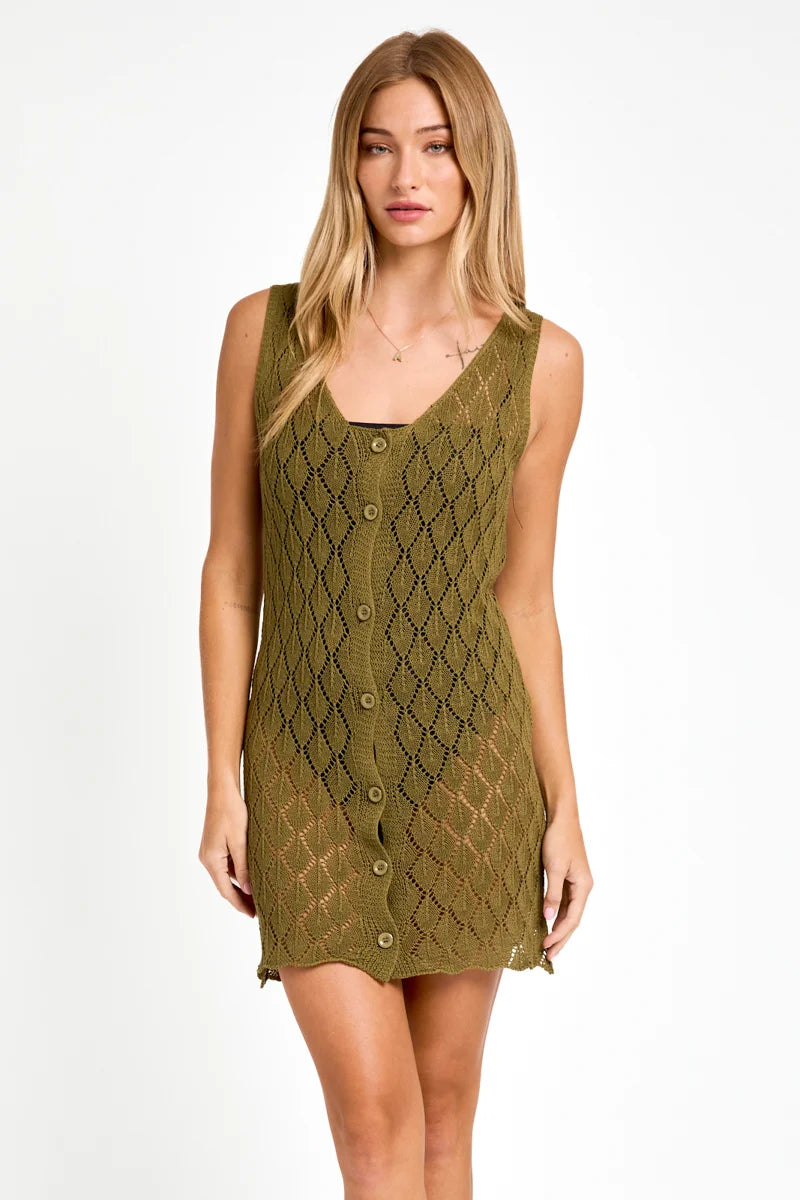 Closeout Sleeveless V-Neck Crochet Button Up Sweater Dress
