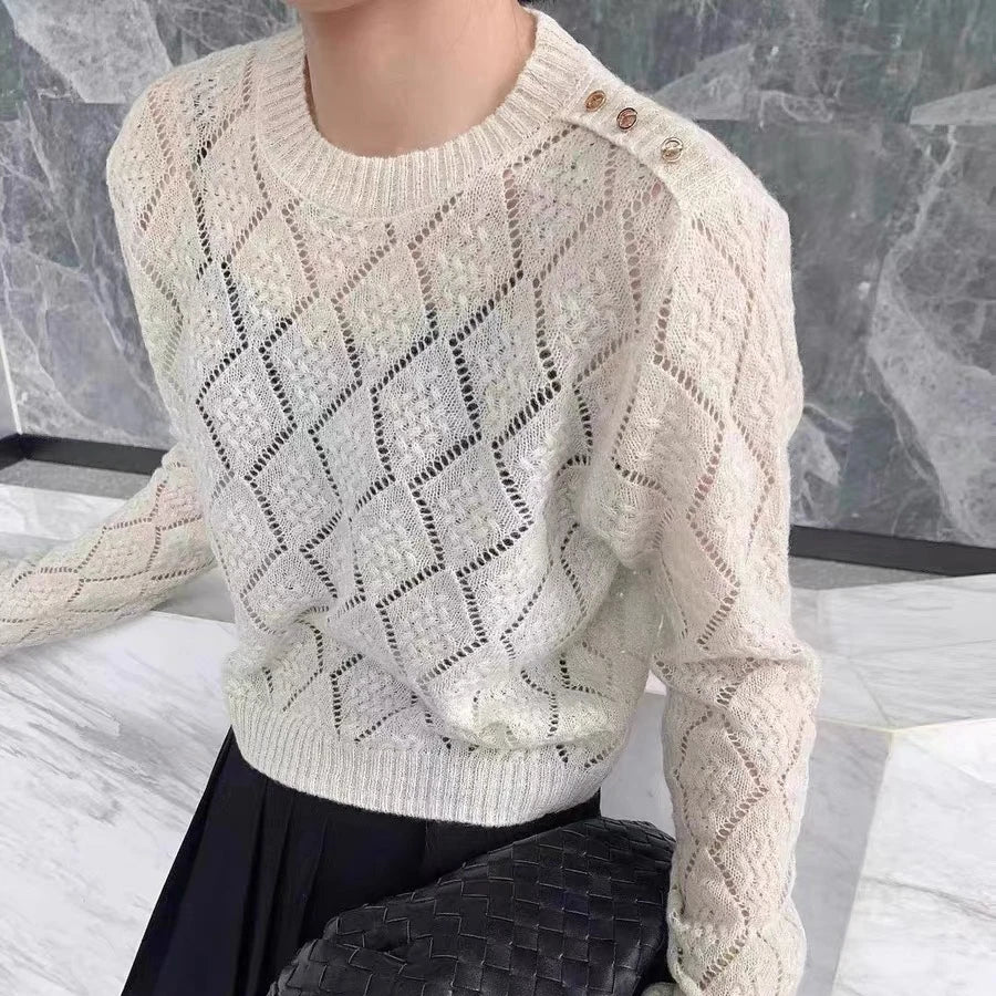 Weekend Deals to Make You Smile 2024 spring Women fashionable long sleeve loose hollow out spring thin sweater jumper