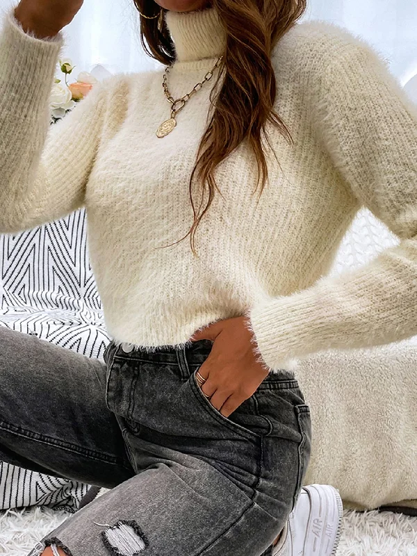 Holiday Sale Casual Plain Long Sleeve High Neck Crop Women Sweater