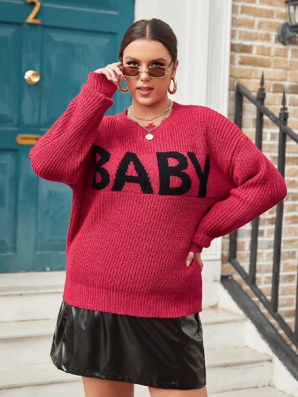 Super Deal Letter Long Sleeve Round Neck Regular Plus Size Sweater
