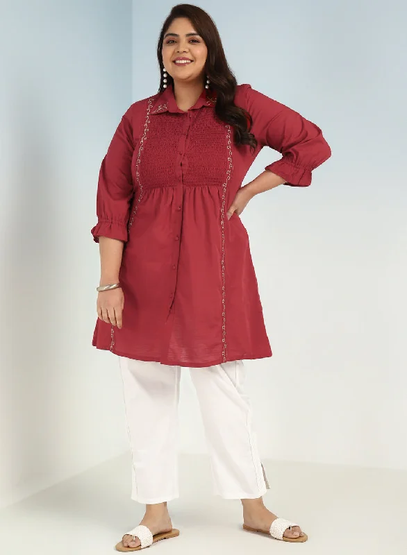 Exclusive Offers Brick Red A Line Tunic with Smocking Front and Classic Collar