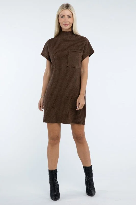 Major Savings Mock Neck Short Sleeve Sweater Dress with Pocket