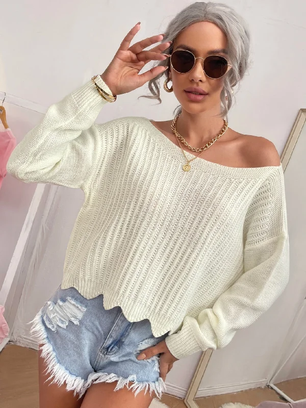 Extra Savings Casual Plain Scallop Long Sleeve Boat Neck Asymmetrical Regular Women Sweater