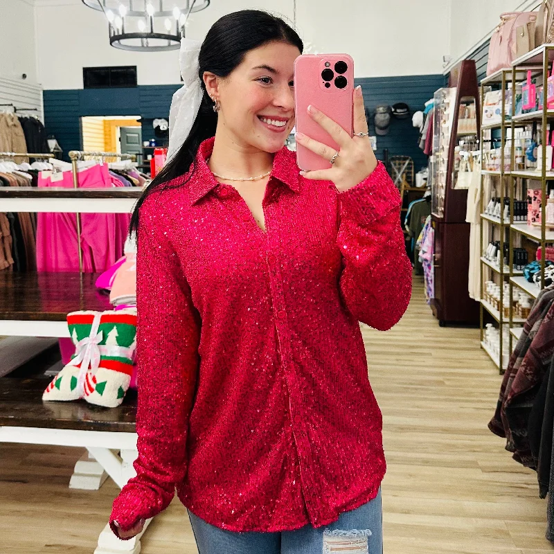 Closeout Hot Pink Sequin Button-Up