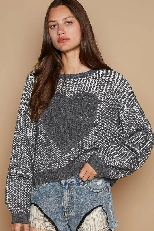 Weekend Deals That Excite POL Round Neck Heart Patch Zipper Point Sleeve Sweater