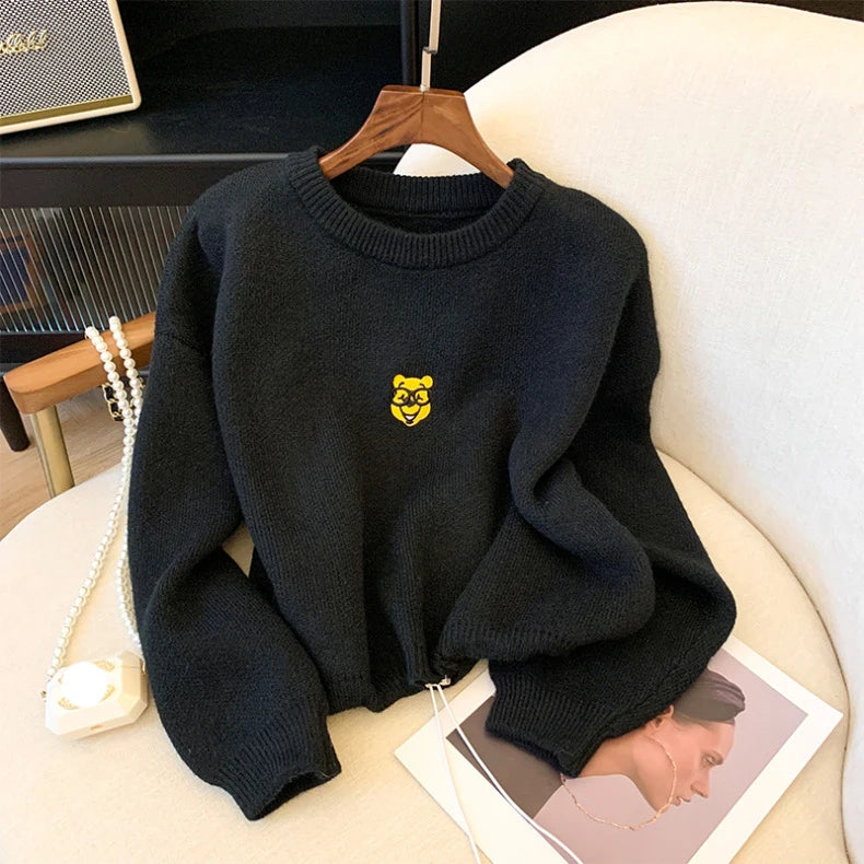 Price Rollback 2024 Spring new arrival Ladies crew neck raglan sleeve sweater loose drawstring cartoon cake sweater jumper