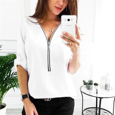 Weekend Discounts to Delight Womens t-shirts zipper girl fashion v-neck Casual Tops Shirt Ladies V Neck Zipper Loose T-shirt female blusas Tee Top Weekend Discounts to Delight Womens t-shirts zipper girl fashion v-neck Casual Tops Shirt Ladies V Neck Zipper Loose T-shirt female blusas Tee Top
